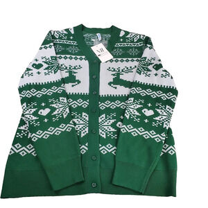 VIIShow Reindeer Holiday Sweater Women's XL Green & White Christmas Stylish New